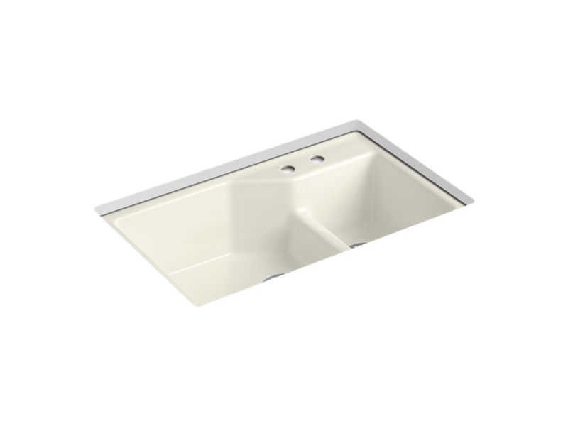KOHLER K-6411-2 Indio 33" x 21-1/8" x 9-3/4" Smart Divide undermount large/small double-bowl workstation kitchen sink with 2 faucet holes