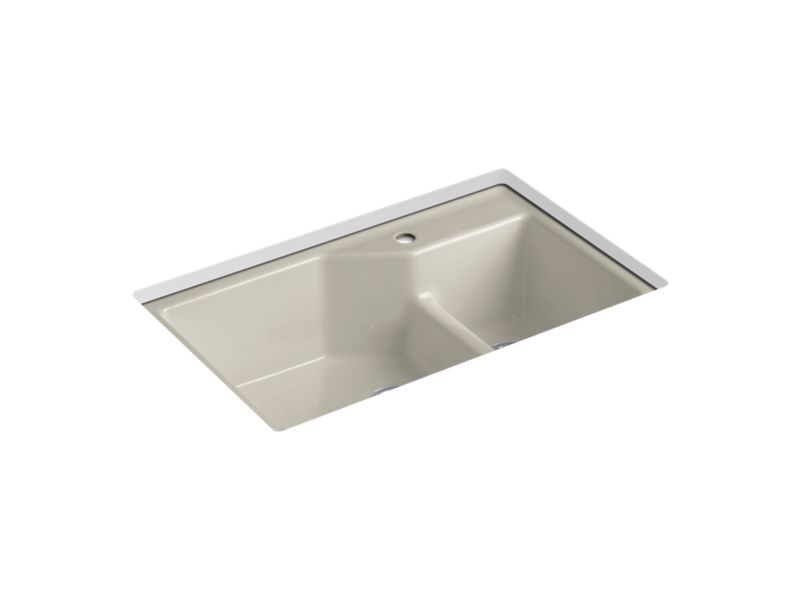 KOHLER K-6411-1 Indio 33" x 21-1/8" x 9-3/4" Smart Divide undermount large/small double-bowl workstation kitchen sink with single faucet hole
