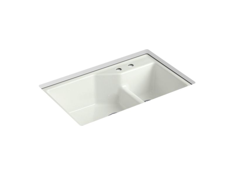 KOHLER K-6411-2 Indio 33" x 21-1/8" x 9-3/4" Smart Divide undermount large/small double-bowl workstation kitchen sink with 2 faucet holes
