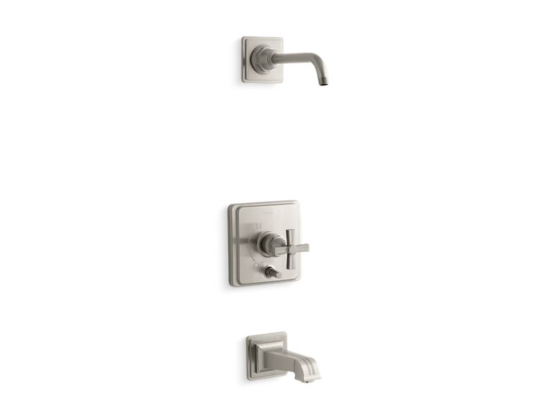 KOHLER T13133-3BL-BN Pinstripe Rite-Temp(R) Bath And Shower Trim Set With Push-Button Diverter And Cross Handle, Less Showerhead in Vibrant Brushed Nickel