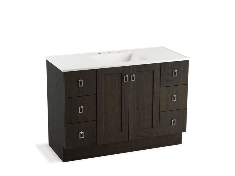 KOHLER K-99535-TKSD-1WC Poplin 48" bathroom vanity cabinet with toe kick, 2 doors and 6 drawers, split top drawers