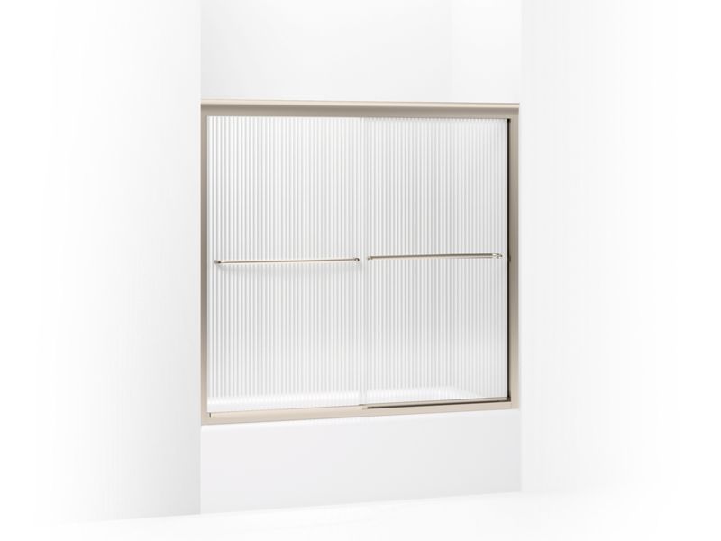 KOHLER 702204-G54-ABV Fluence Sliding Bath Door, 55-3/4" H X 56-5/8 - 59-5/8" W, With 1/4" Thick Falling Lines Glass in Anodized Brushed Bronze
