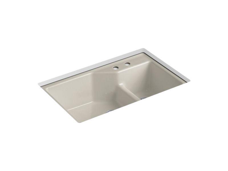 KOHLER K-6411-2 Indio 33" x 21-1/8" x 9-3/4" Smart Divide undermount large/small double-bowl workstation kitchen sink with 2 faucet holes