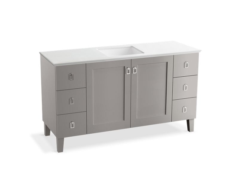 KOHLER K-99536-LGSD-1WT Poplin 60" bathroom vanity cabinet with legs, 2 doors and 6 drawers, split top drawers